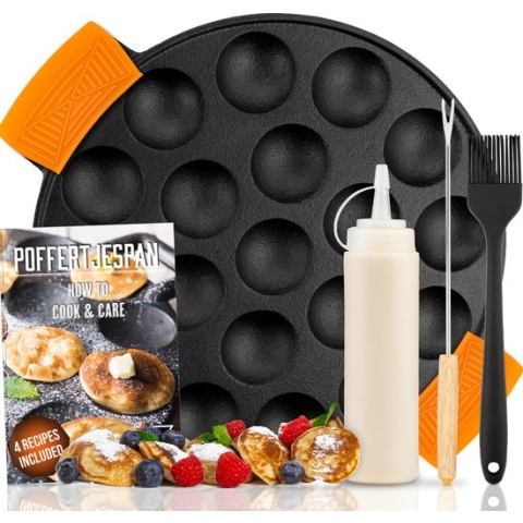 IRONO Poffertjespan Set - Incl. Doseerfles, kwast en vork - Poffertjespan Inductie en Electrisch - Poffertjesmaker 19 Poffertjes - Gietijzeren Pan - Poffertjes Maken - Spuitfles - Cadeau