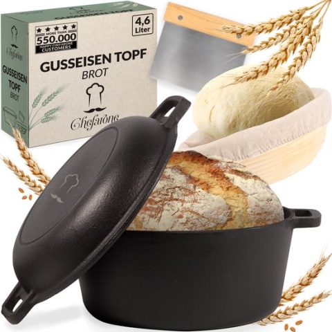 Chefarone Gietijzeren Pan 4,6 L - Braadpan voor alle Warmtebronnen - Broodbakbol voor Brood Bakken - Inductie Sudderpan - Broodpan Brood Bakken - Kookpan Inclusief Deksel, Spatel en Rijsmand - Ø24CM - Cast Iron Zwart - Hittebestendig tot 300°C