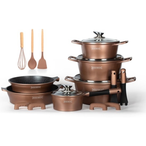 Royalty Line ES1014 Inductie Pannenset - 14-Delige Pannenset Met Marmeren Coating - Met Afneembare Handvaten - Oven-Ready - PFAS-Vrij - Voor Alle Warmtebronnen - Antiaanbaklaag - Met Glazen Deksels - Koper