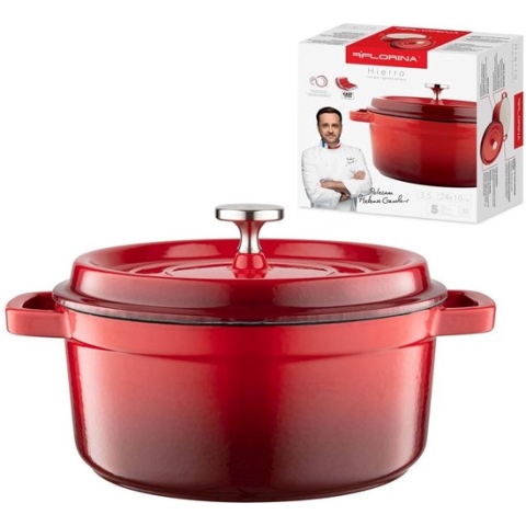 Florina professionele gietijzeren braadpan emaille Ø 24 cm 3.5L kersen rood  - alle warmtebronnen voor inductie - stoofpan -  Gewicht 5,3 kg