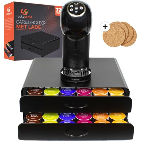 Capsulehouder met Lade voor Nescafe Dolce Gusto - Cups Houder voor 72 Koffie Capsules - Capsulehouders - Incl. 4 Onderzetters - RVS - Zwart