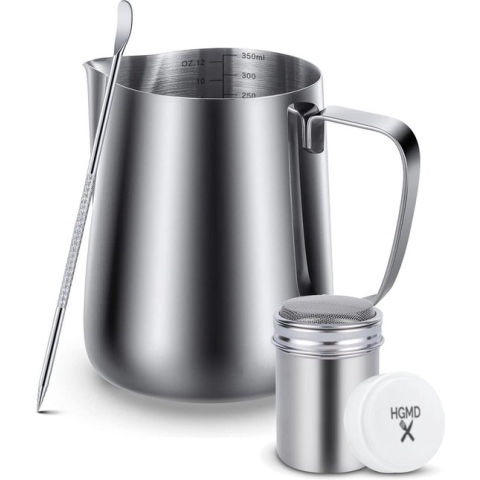 HGMD Melkkan 350ml - Melkkannetje opschuim - Melkopschuimkan - Milk Pitcher - Melkkannetje - Inclusief Art Pen & Strooipotje - Latte Art - RVS