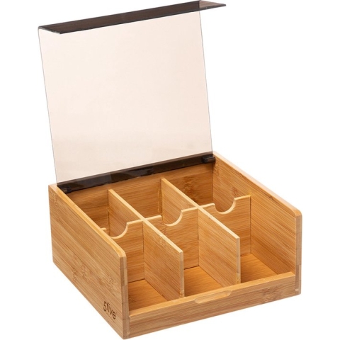 Theedoos/theekist bruin/zwart 6-vaks 22 x 21 cm van bamboe hout - Theezakjes doos/kist
