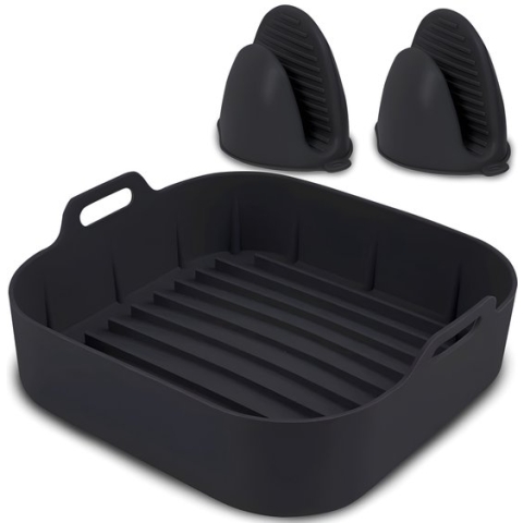 HI NATURE™ Airfryer accessoires - Airfryer siliconen bakje vierkant set inclusief Wanten voor Airfryer XXL - Siliconen ovenschaal BPA Vrij Accessoires Heteluchtfriteuse Bakvormen – Bakpapier Alternatief - Mand Bakvorm - 20 CM (Zwart)