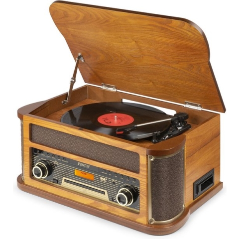 Retro platenspeler Bluetooth - Fenton Memphis - Grammofoon, cassette, mp3 speler, FM en DAB radio - Bruin