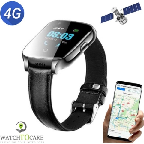 WatchToCare WTC45 Pro - Smartwatch - GPS Horloge Ouderen - Alarm Horloge - SOS Horloge - Valdetectie - Alzheimer - Dementie patiënten - Alarmknop - Videobellen - Noodknop - Lebara Sim met €5 tegoed, Géén abonnement of contract -Horlogeband Zwart Leer