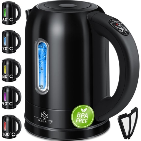 KESSER® roestvrijstalen Waterkoker van 1,7 Liter 2200 W met Temperatuurregeling Warmhoudfunctie - Zwart