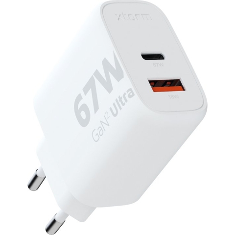 Xtorm 67W GaN2 Ultra Oplader - GaN-technologie - USB-C en USB-A - Power Delivery - GRS gerecycled plastic - Wit