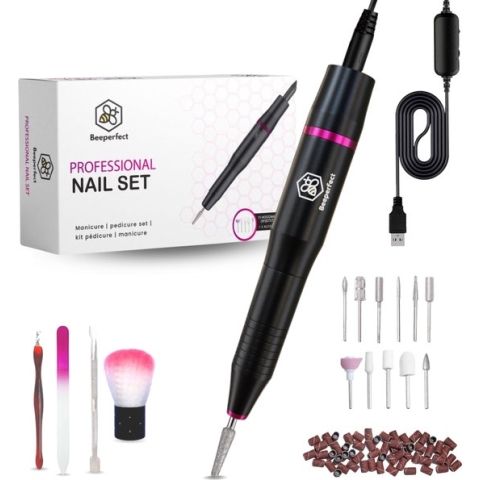 Beeperfect® Elektrische Nagelvijl - Nagelfrees - Manicure en Pedicure set - 11 Bitjes en 60 Schuurrolletjes - 4 Extra accessoires - Zwart