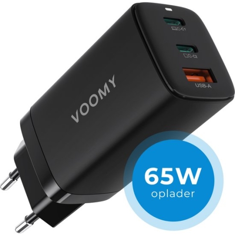 Voomy Oplader 65W - Snellader Iphone/Samsung & Macbook - Adapter 2 USB-C & 1 USB-A - Zwart
