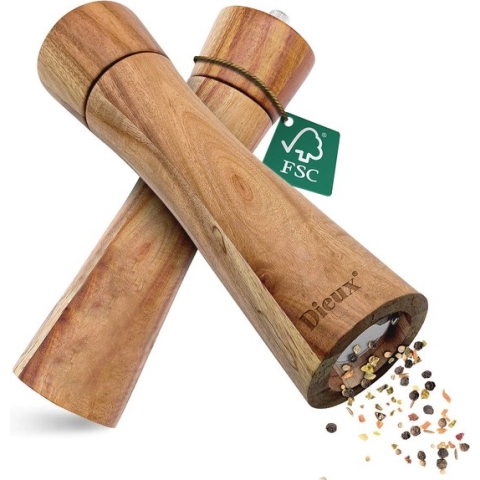 Dieux® - Peper en Zoutmolen set - 22CM - Pepermolen - Zoutmolen - 2 stuks - Acacia hout - Instelbare maalgraad - Duurzaam - Luxe kwaliteit - Hervulbaar - Barbecue - BBQ accesoires - Zout peper kruiden