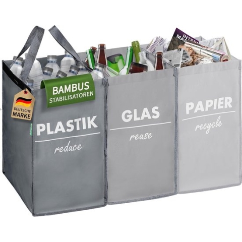 Afvalscheidingssysteem Kunststof, glas, papier, sterke standaard dankzij bamboestabilisatoren, perfect als afvalscheider, statiegeldflessenopslag, recyclingsysteem en oudpapierverzamelaar, grijs