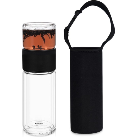 Navaris glazen theefles met zeef - Theebeker voor onderweg - Fles met thee infuser en beschermhoes - Inhoud 240 ml - RVS - Borosilicaatglas - Zwart