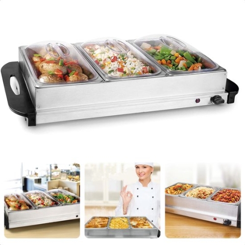 Cheqo® Buffetwarmer - Warmhoudplaat - Voedesel Warmhouden - Voedsel Verwarmer - Warmhoudbakken - 300W - 3 Bakken - 2L - Traploos Instelbaar - Oververhittings-beveiliging - 53x35cm