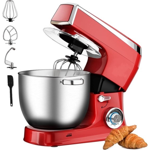 Royalty Line® PKM2100 Keukenmachine - Keukenrobot - 2100W - Keukenmixer met 6 Snelheidsstanden + LED, incl. Garde / Kneedhaak / Klopper en Pannenlikker, Met Spatscherm & RVS Mengkom 7.5 L - Rood
