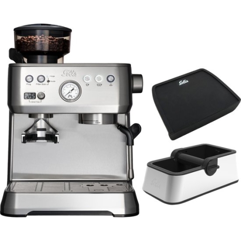 Solis Grind & Infuse Perfetta 1019 - Pistonmachine - Espressomachine met Koffiemolen - Inclusief Coffee Knock Box en Tamping Mat - Zilver