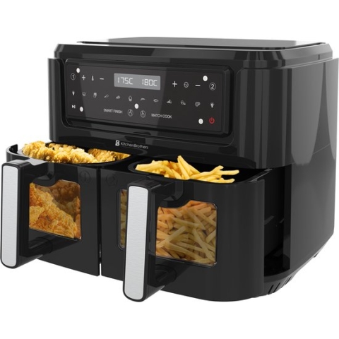 KitchenBrothers Dubbele Airfryer XXL - 9L - Heteluchtfriteuse - Twee Manden - 2 x 4.5L - 2400W - Zwart