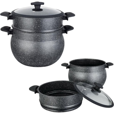 Royal Swiss Couscouspan - Couscoussier - Stoompan - 12L - Alle warmtebronnen - Aluminium stone-coated - Glazen Deksel - ZWART