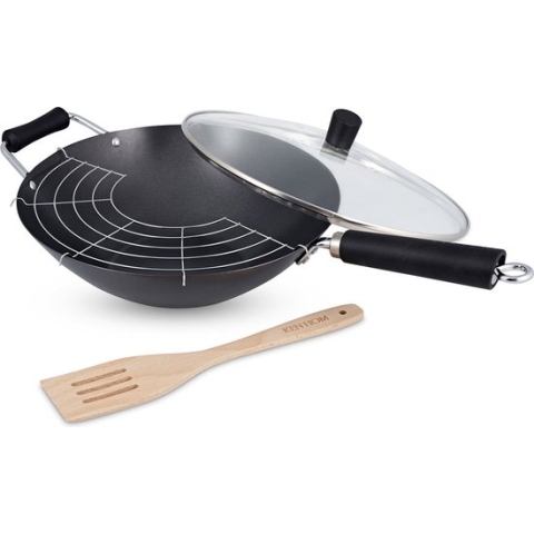 Ken Hom Excellence 4-delige Set Met Wok - Ø 31cm - Koolstofstaal met Antiaanbaklaag - Greep in Fenolhars