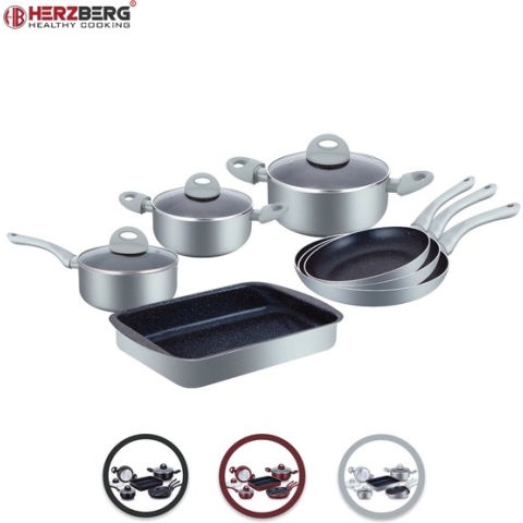 Herzberg HG-9016BR: 10 Stuks Marmer Gecoate Pannenset - Zilver