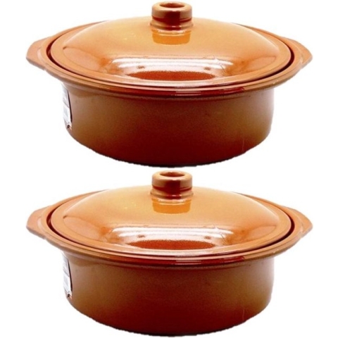 Set van 2x stuks tapas terracotta ovenschalen/stoofpotten cocotte met deksel 30 cm - Braadpannen van steen