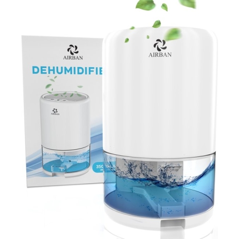 AIRBAN® Extreem stille Luchtontvochtiger met Slaap Modus - Perfecte Condensdroger voor badkamers - Slaapkamers - Caravans - Ontvochtigd 350ml per dag - 2-in-1 Luchtreiniger & Dehumidifier