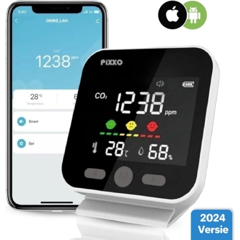 PiXXO® CO2 meter & Hygrometer voor Binnen - Instelbaar Slim Alarm - Koppel Meerdere Apparaten en Gebruikers - Luchtvochtigheidsmeter en Thermometer - Zelf Kalibrerende NDIR Sensor - Luchtkwaliteitsmeter - Draagbaar en Oplaadbaar