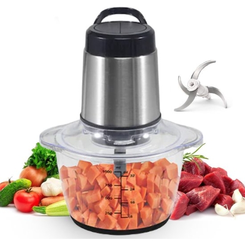 Royalty Line® MCE-300 Hakmolen - Groentesnijder - 1 Liter - Chopper - RVS - 2 Snelheden - 300W - Foodprocessor Met Glazen Kom - Mandoline - Hakmolen Elektrisch - RVS/Glas