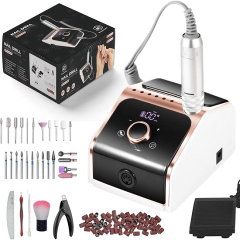 Beeperfect® Elektrische Nagelvijl Ultimate Edition - Nagelfrees - Manicure en pedicure set - Draadloos - Inclusief 25 bitjes 100 schuurrolletjes en 5 accessoires - Met voetpedaal - 35000RPM