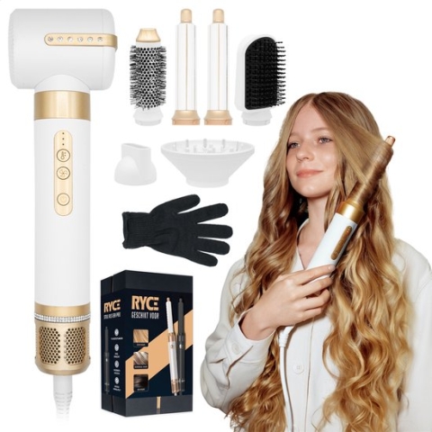 RYCE Multistyler Ultimate - 7 in 1 - met Diffuser - Krultang - Extra krachtig - Föhnborstel - Stijltang - Krulborstel - Automatische krultang - Haardroger met borstel - Wit / Goud