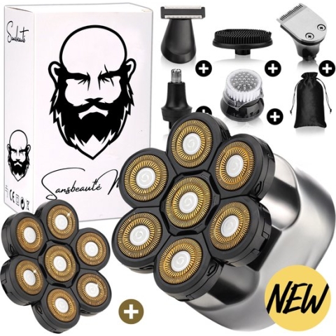 6-in-1 Scheerapparaat Mannen + Extra Scheerkop – Trimmer - Tondeuse - Sansbeauté® SkullSharp Platinum - Skull Shaver - Electric Face & Head Shaver - Hoofd Kaal Scheren – Nat & Droog - Elektrisch