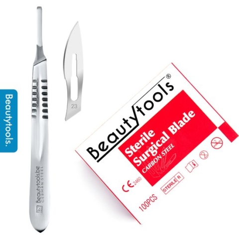 BeautyTools Scalpel Set met Bistouri houder Nr. 4 + Scalpelmesjes Nr. 23 (100 Stuks) - Pedicure Mesjes - Steriel Verpakt (BP-0713)