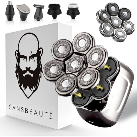 6-in-1 Scheerapparaat Mannen + Extra Scheerkop – Trimmer - Sansbeauté® SkullSharp PRO Magnetic - Skull Shaver - Nat & Droog - Face en Head Shaver – Hoofd Kaal Scheren - USB Opladen - Opzetstukken