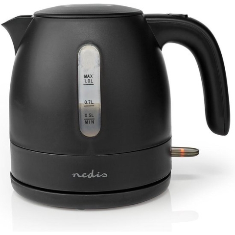 Nedis Waterkoker - 1.0 l - Kunststof - Zwart - 360 graden draaibaar - Verborgen verwarmingselement - Strix-controller - Droogkookbeveiliging