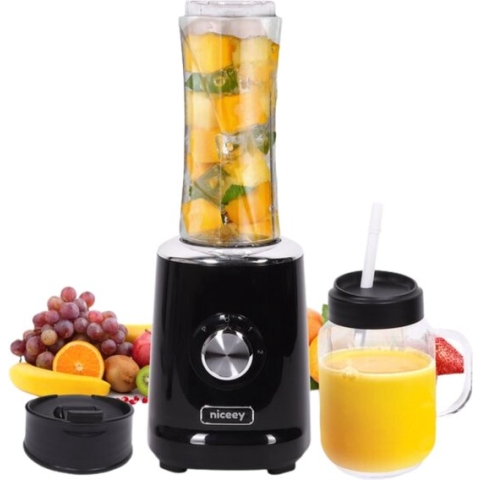 Niceey Mini Blender - Smoothie Maker - 500W - met 2 To-Go Bekers - Zwart