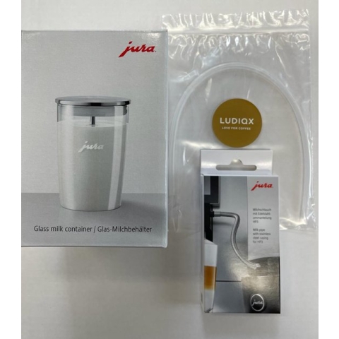JURA Glazen Melkbeker + JURA RVS Melkslang HP3 + GRATIS melkslang - Bundel - Geschikt voor JURA E8 + JURA S8 - Melkreservoir