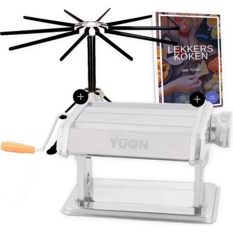 YUGN Pasta Machine en Pasta Droogrek - Pasta Droger Voor Oa Spaghetti en Is Vaatwasserbestendig - Pastamachine Inclusief Pastamaker Verwisselbare Kop en Tafelklem en Rubberen Voetjes - Inclusief eBook - Cadeau tip