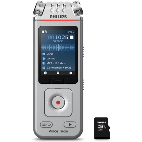 Philips DVT41225 VoiceTracer Audio recorder - 3MIC Stereo MP3/PCM - 24-bits/44.1 kHz - 8GB - WIFI/ Smartphone app Android/iOS - USB-C - Incl. Philips Micro SD kaart 32 GB