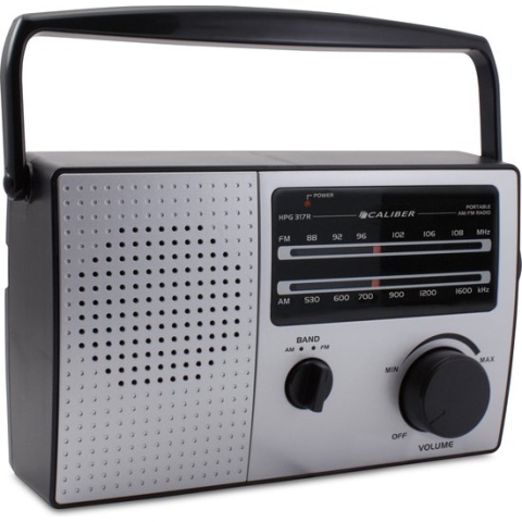 Caliber Retro 3000 - Draagbare Radio - Retro Radio - Werkt op Batterijen of Netsnoer - Keukenradio - AM en FM radio met Handvat en Koptelefoonaansluiting - Zilver grijs (HPG317R)