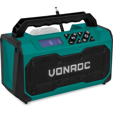 VONROC Accu bouwradio 20V - FM, bluetooth & USB - Bass-reflex poort speakers - Excl. accu en snellad