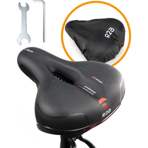 R2B® Fietszadel Heren - Fietszadel Dames - Inclusief Waterdichte Zadelhoes - Reflectie en Ventilatie - Gel Zadel - Zwart