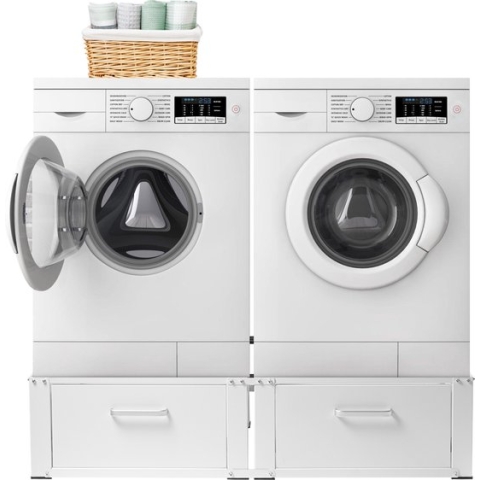 Vonia Wasmachine verhoger - Dubbel - Wasmachine en Droger Verhoger - Wasmachine Verhoger met Lade - Wasmachine Kast - Wit