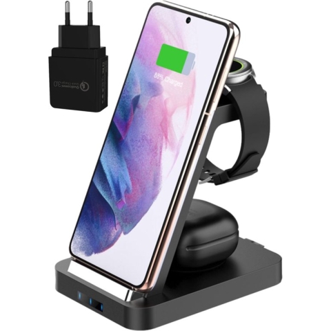 iSetchi Draadloze Oplader 3-in-1 Android - (15 Watt) - Met QC 3.0 adapter - Qi Oplaadstation - Voor Samsung, Buds, Gear Watch, Telefoon