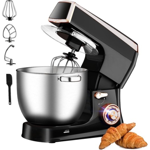 Royalty Line® PKM2100 Keukenmachine - Keukenrobot - 2100W - Keukenmixer met 6 Snelheidsstanden + LED, incl. Garde / Kneedhaak / Klopper en Pannenlikker, Met Spatscherm & RVS Mengkom 7.5 L - Zwart