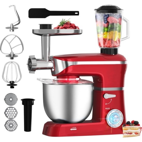 Royalty Line® PKM1900BG Keukenmachine - 1900W - Met Blender, Vleesmolen, Garde, Deeghaak, Menghaak - 6,5 Liter - Rood