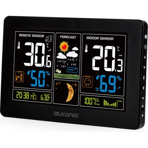 Auronic Weerstation - Draadloos - Binnen en Buiten - met Sensor - 60M Bereik - Zwart
