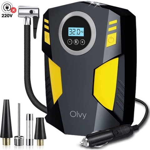 Olvy Elektrische Bandenpomp - Luchtcompressor 12V - Elektrische Fietspomp - Compressor Bandenpomp - Fiets/Auto/Motor/Bal/Luchtbed - Met 4 Opzet Stukken