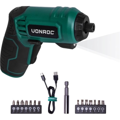 VONROC Accu Schroefmachine – 4V – Incl. 14-delige bitset, USB-C oplaadkabel en opbergtas