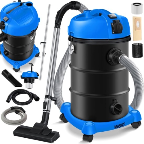 MASKO® Alleszuiger 6IN1 Nat- en Droogzuiger 2300W + stopcontact, Blaasfunctie, Droog- & natzuigen | Industriële stofzuiger vuilreservoir 30L Bouwstofzuiger - Blauw