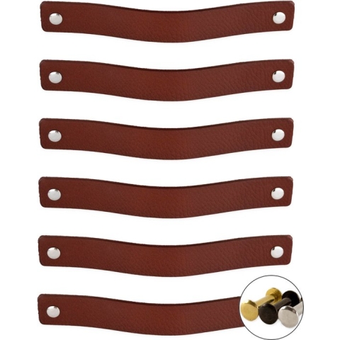 Leren handgrepen - Cognac - 6 stuks - 20,0 x 2,5 cm - incl. 3 kleuren schroeven - handgrepen kast leer - meubelgrepen - handvaten kast - leren lus